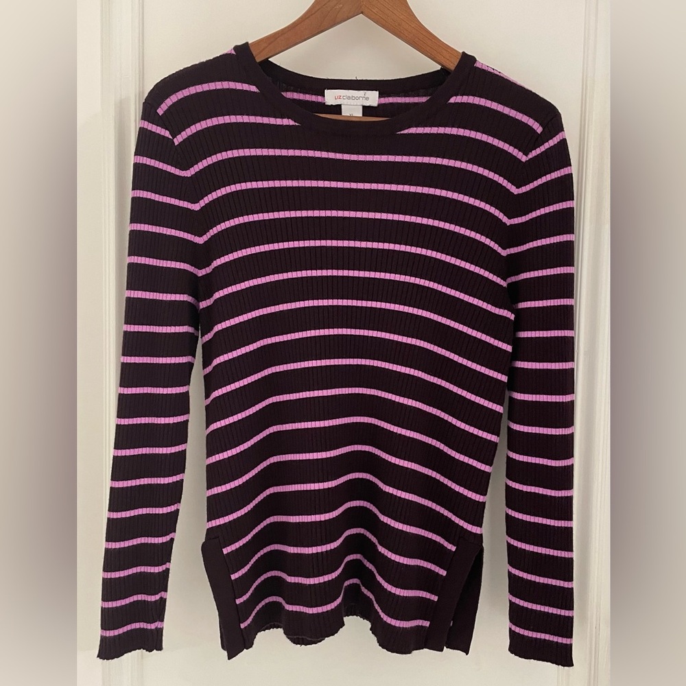 Liz Claiborne Ribbed Stretchy Knit Striped Top Plum Pink Long Sleeve Crew Top